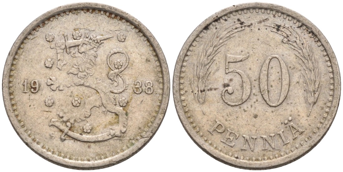 ФИНЛЯНДИЯ 50 ПЕННИ 1938 S KM 26 медно-никель 192-1118