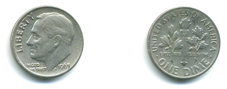 США 10 ЦЕНТОВ = 1 ДАЙМ 1965 РУЗВЕЛЬТ KM 195а медь плакированная медно-никелем 54-1146