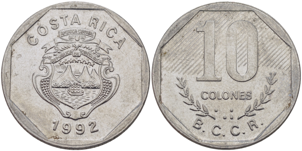 Коста-Рика 10 колонов 1992 B.C.C.R. KM 215.1 нержавеющая сталь 82-125