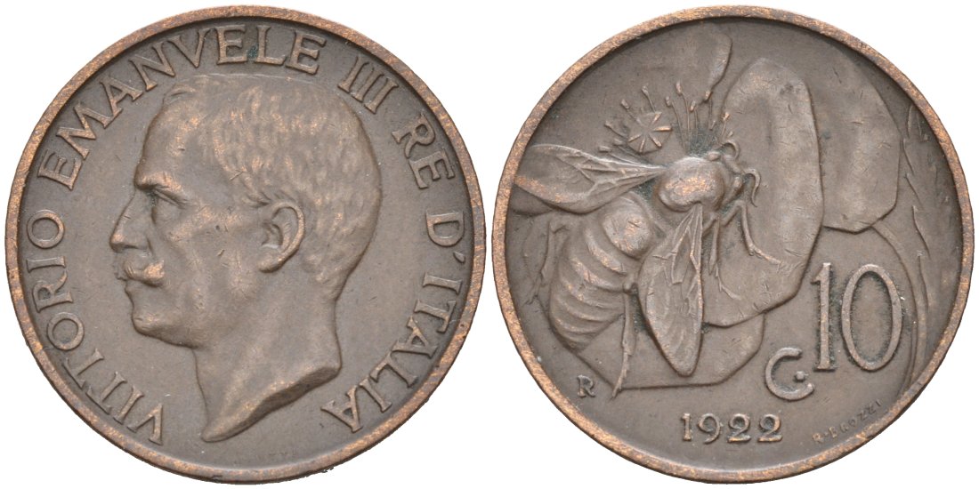 Италия 10 чентезимо 1922 R, ПЧЕЛА, ВИКТОР ЭММАНУИЛ III KM 60 медь 4571-512