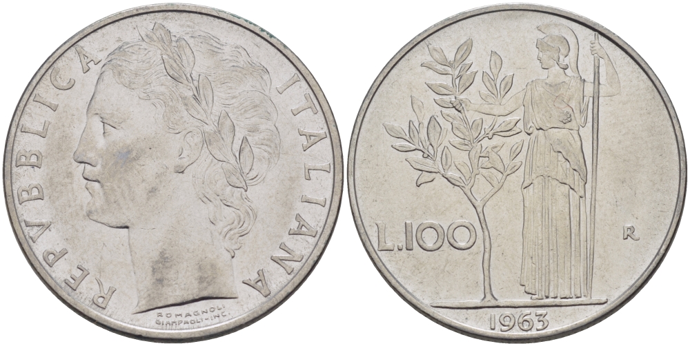 ИТАЛИЯ 100 ЛИР 1963 R, АФИНА KM 96.1 сталь 32-1233