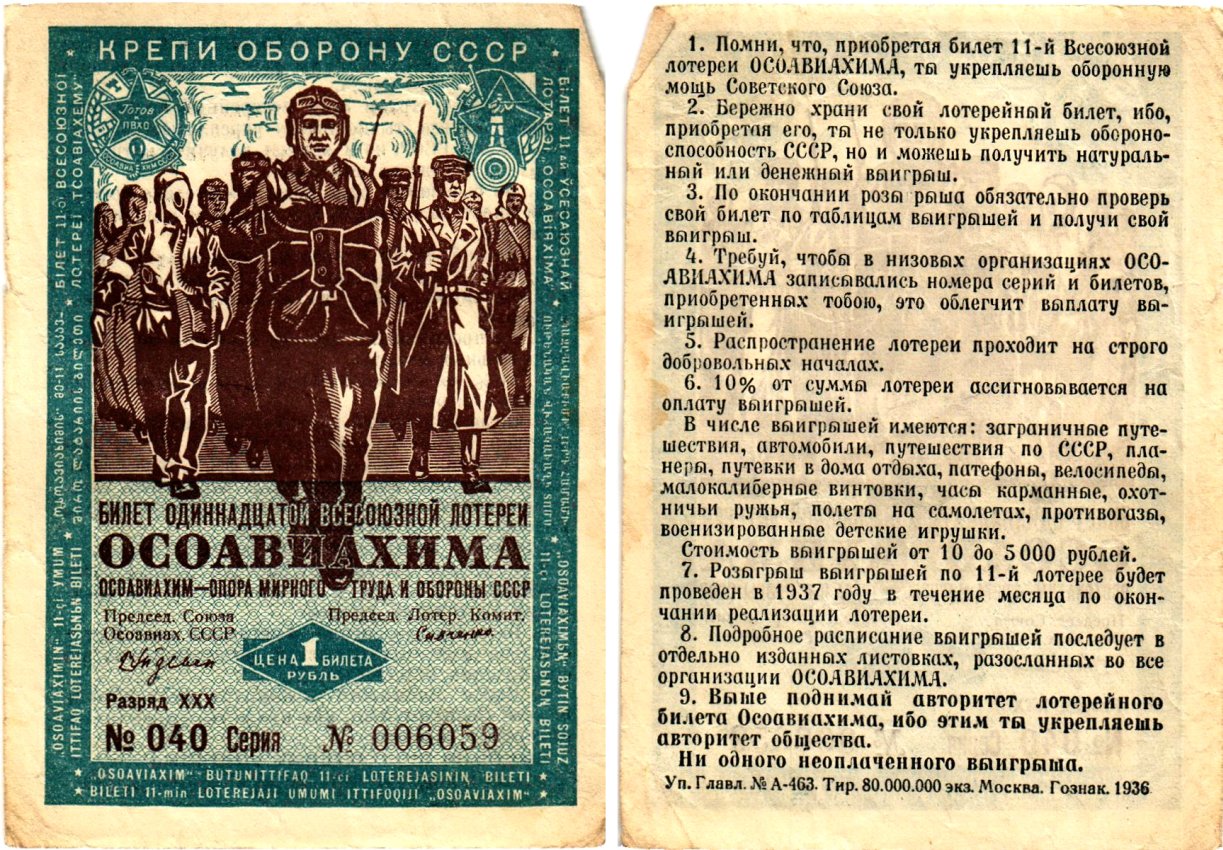 СССР 1 рубль 1936 Одиннадцатая всесоюзная лотерея Осоавиахима 2195-37-1-1