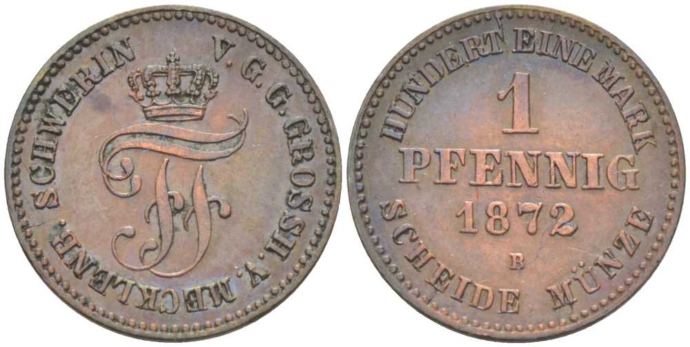 Мекленбург-Шверин 1 пфенниг 1872 В, Фридрих Франц II (1842-1883) KM 315 (С102), AKS 50, J.60 медь 206-262
