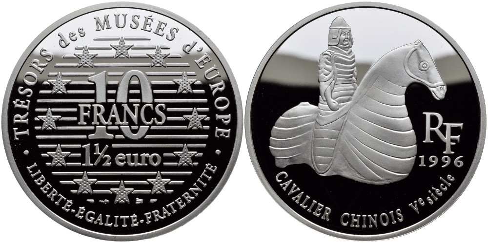 Франция 10 франков = 1 1/2 евро 1996 серия сокровища музеев Европы, китайский всадник KM 1158 серебро PROOF 1076-9-62