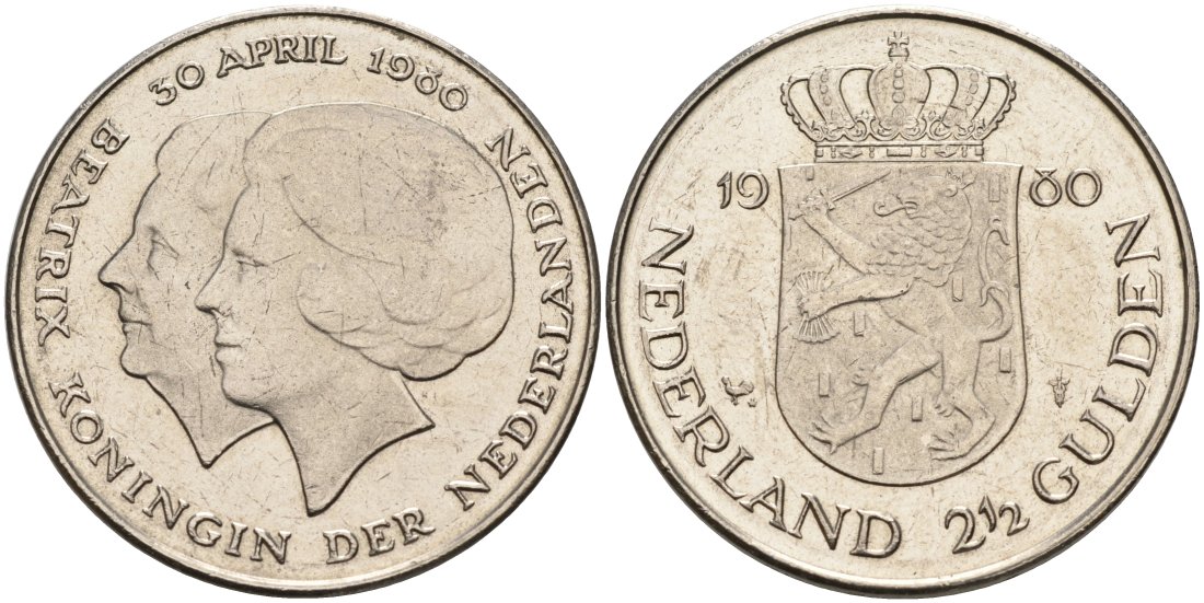 Нидерланды 2 1/2 гульдена 1980 коронация Беатрикс, 30 апреля 1980 KM 201 никель 88-1121