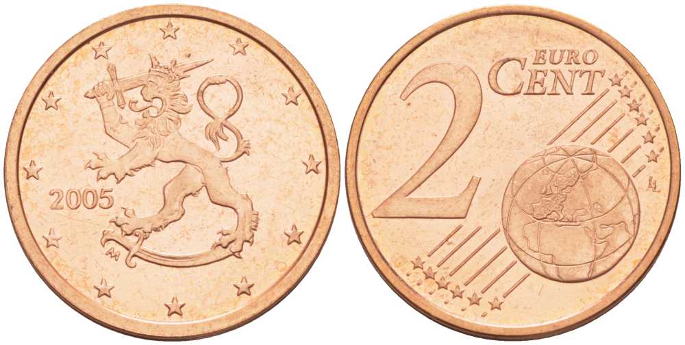 ФИНЛЯНДИЯ 2 ЕВРОЦЕНТА 2005 M KM 99 сталь плакированная медью UNC 214-321