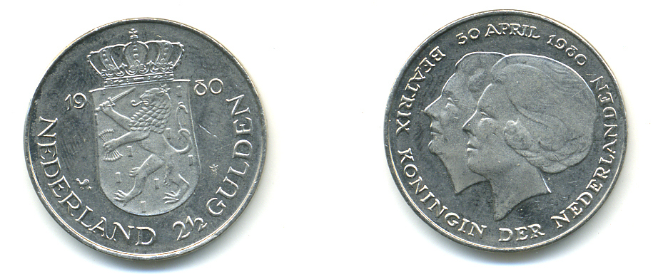 Нидерланды 2 1/2 гульдена 1980 коронация Беатрикс, 30 апреля 1980 KM 201 никель 83-642