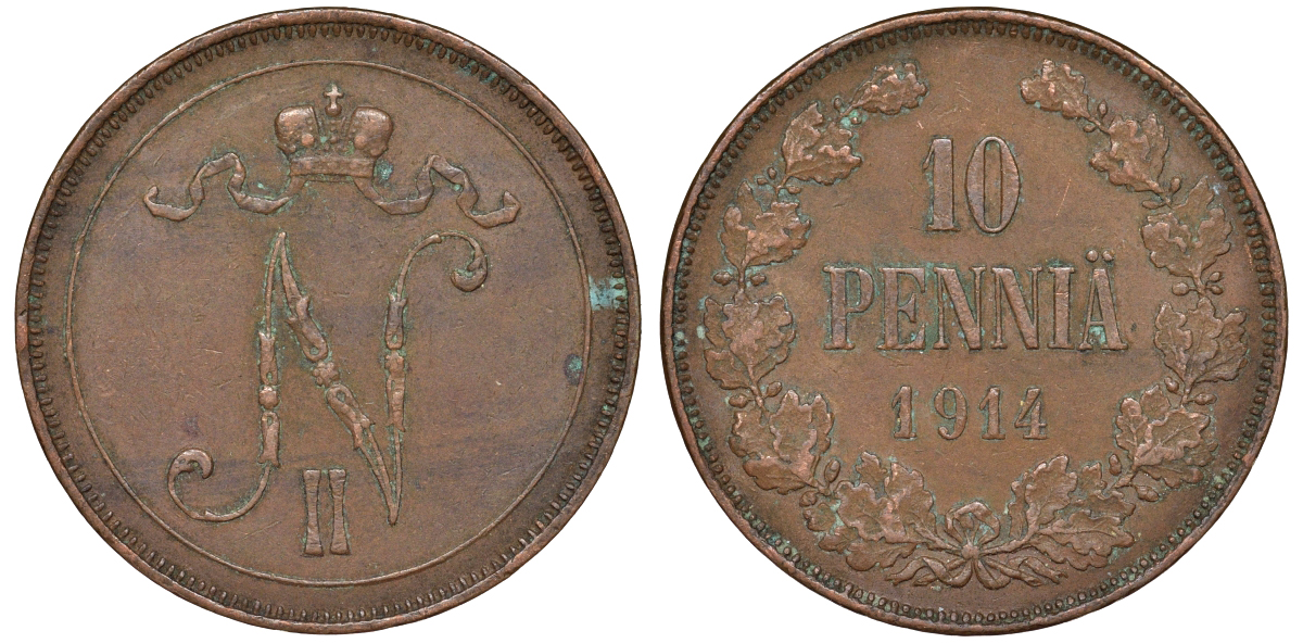 Россия для Финляндии 10 пенни 1914 Николай II (1894-1917) Биткин 437 медь 51-1331