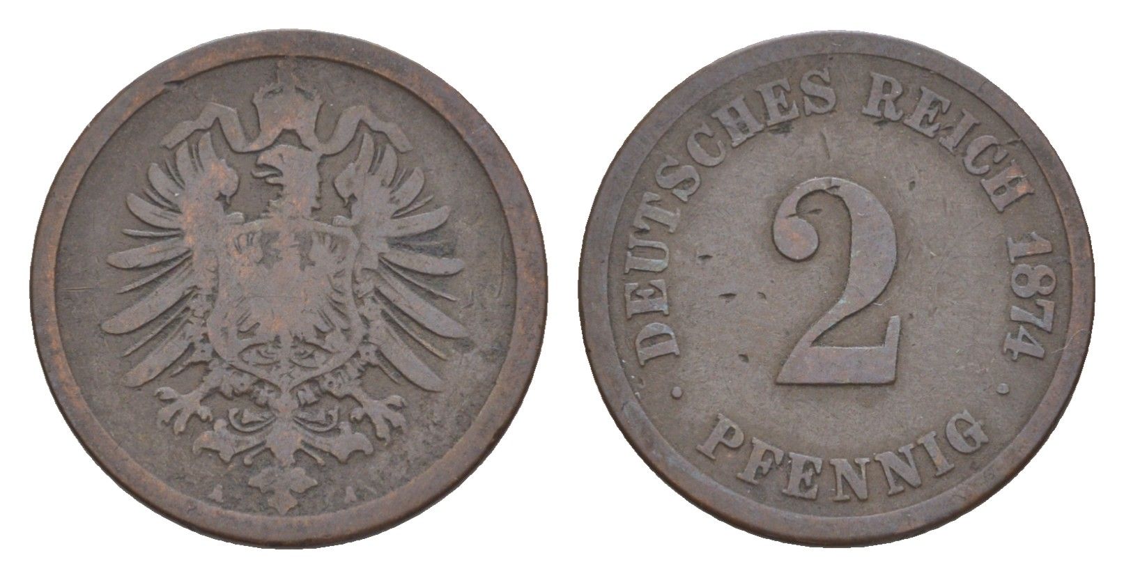 Германия 2 пфеннига 1874 A, Вильгельм I (1871-1888) KM 2, J. 2, Weege 3 медь 4639-1155