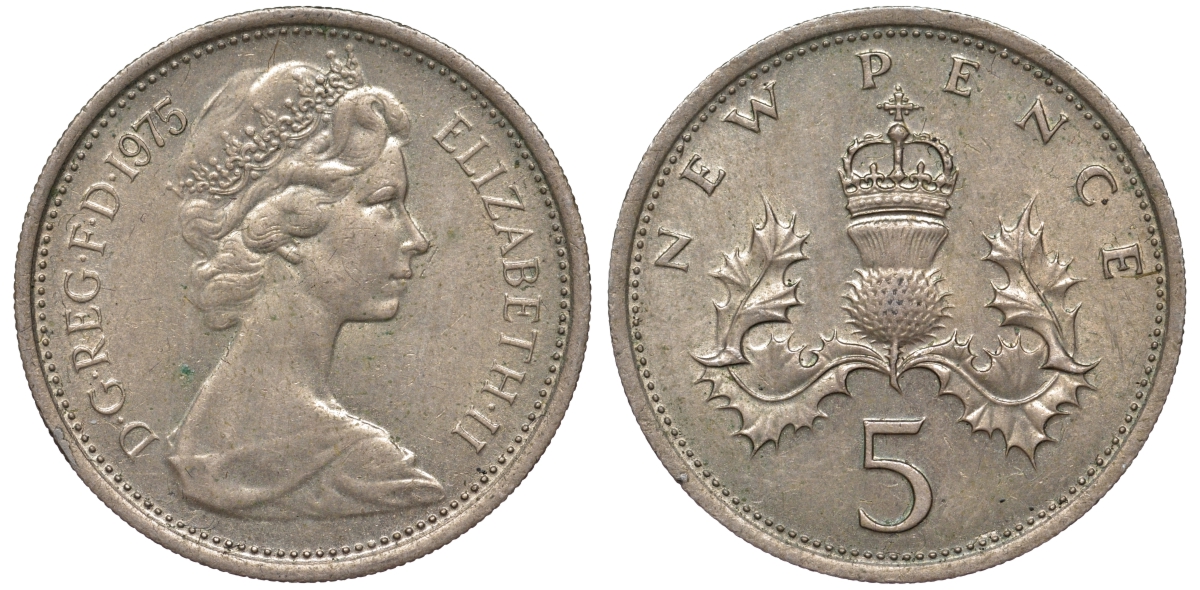 Великобритания 5 пенсов 1975 Елизавета II (1952-2022) KM 911, Spink 4233 (D1) медно-никель 4543-557