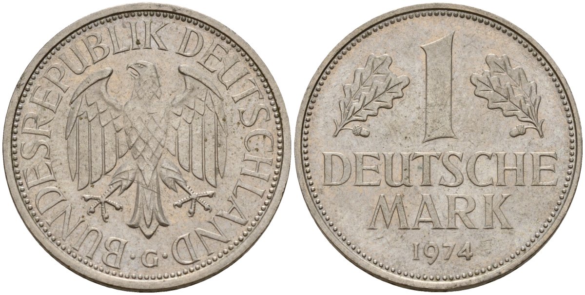 ФРГ 1 марка 1974 G KM 110, J. 385 медно-никель 4159-1133