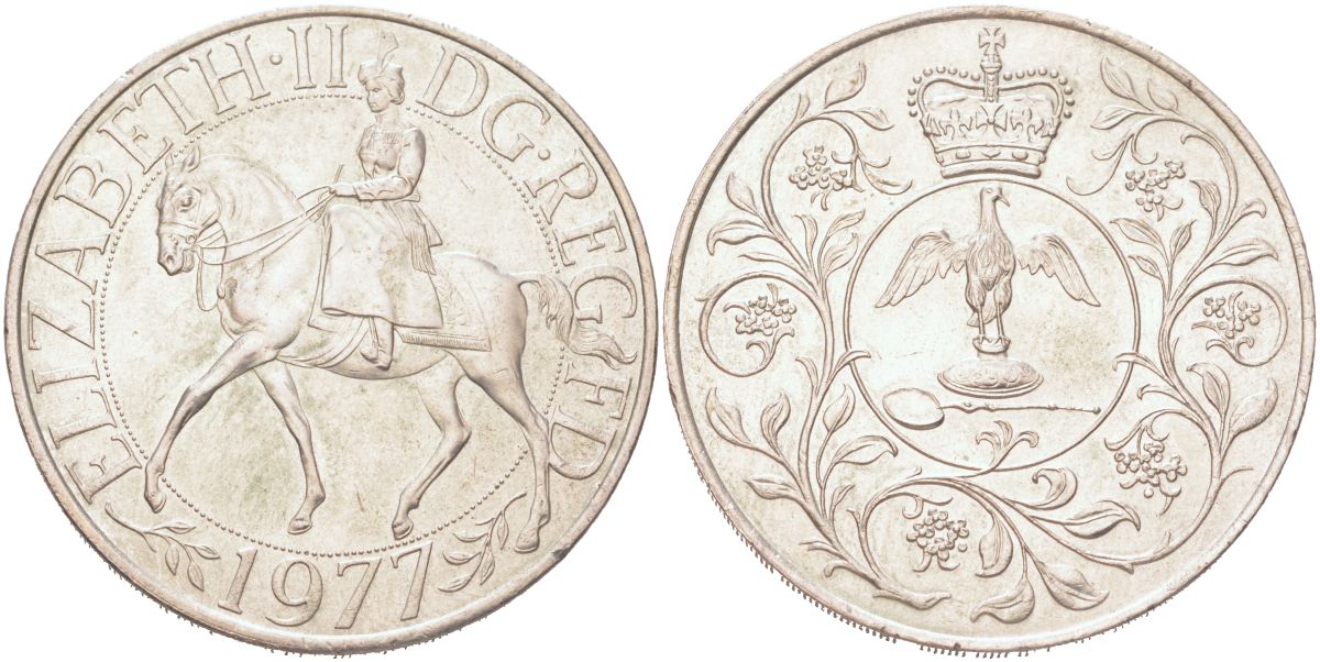 Великобритания 25 пенсов 1977 5 лет со дня коронации Елизаветы, Елизавета II (1952-2022) KM 894, Spink 4136 медно-никель aUNC 118-1135