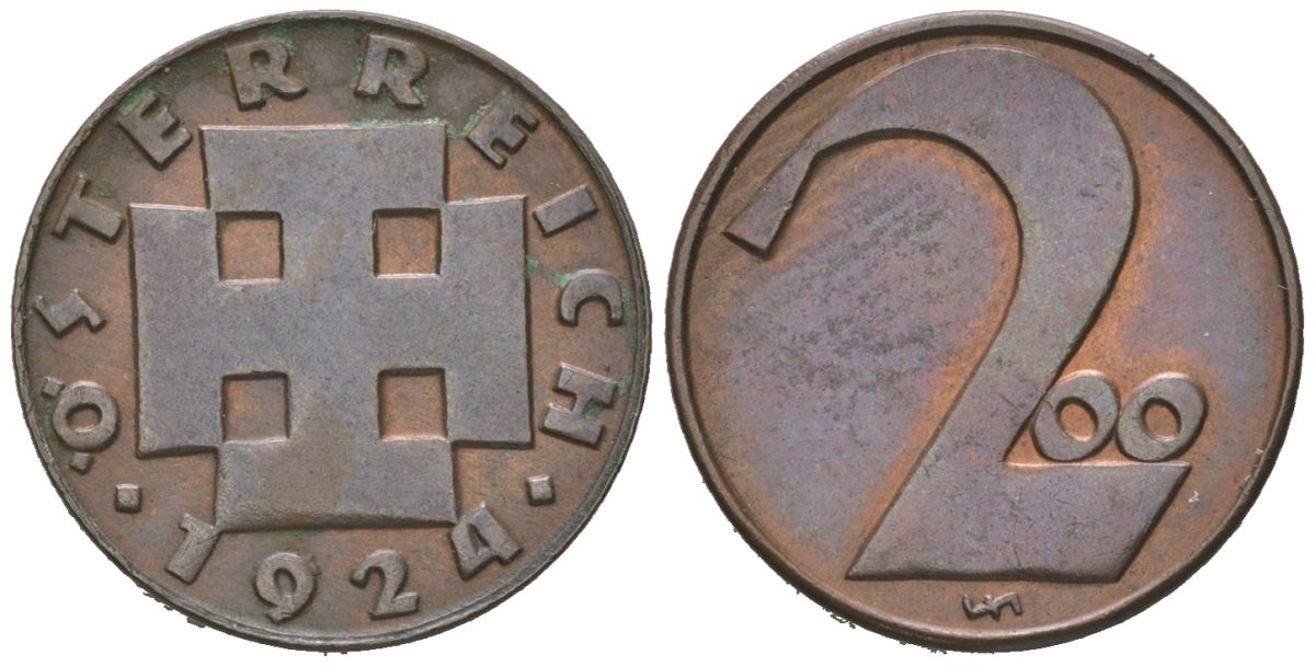 Австрия 200 крон 1924 Республика, денежная реформа KM 2833 бронза  aUNC 192-224