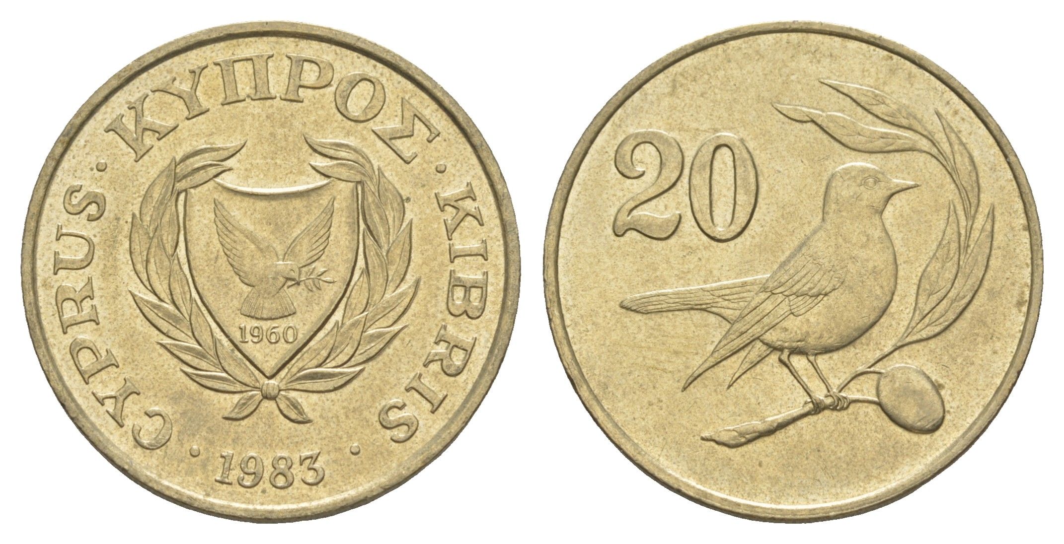 Кипр 20 центов 1983 птичка KM 57.1 никель латунь UNC 4652-346