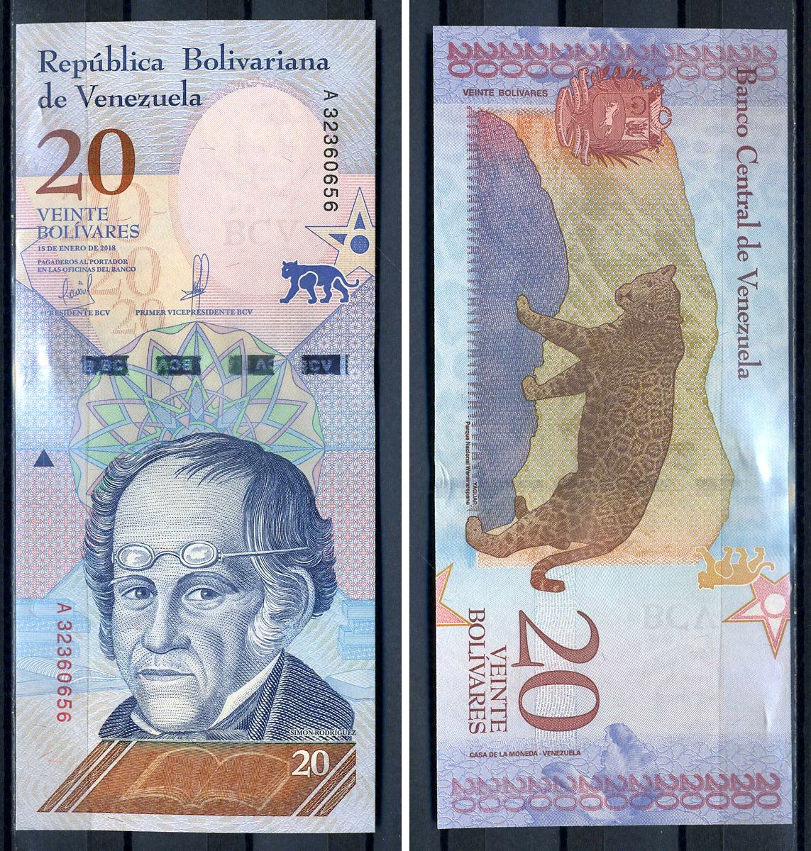 Венесуэла 20 боливаров 2018 15 января 2018, Симон Родригес, ягуар Pick 104 бумага UNC (пресс) 8622-14-2-1