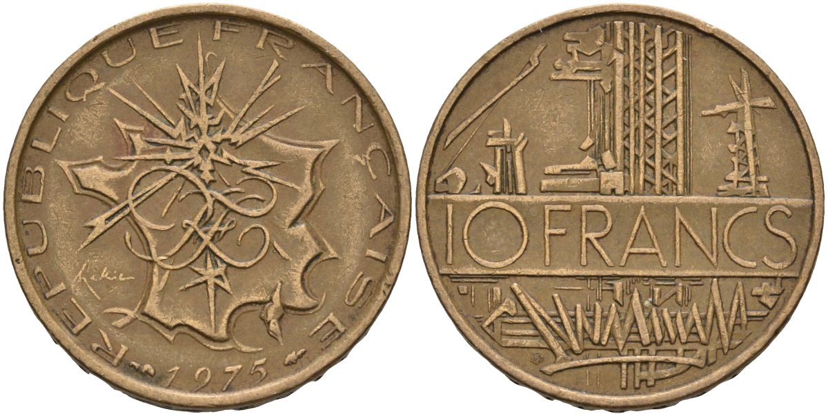 Франция 10 франков 1975 тип Матье KM 940, Le Franc 365.5-6 никель латунь 4607-412