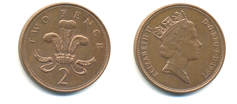 Великобритания 2 пенса 1997 Елизавета II (1952-2022) KM 936а, Spink 4386 (C4) сталь плакированная медью 177-844