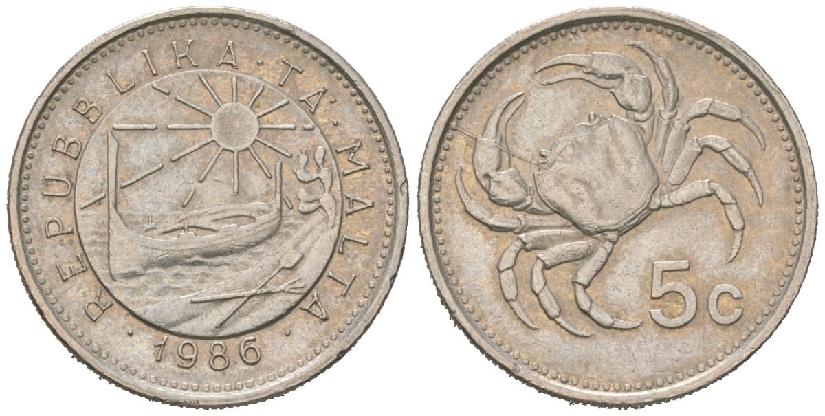Мальта 5 центов 1986 краб KM 77 медно-никель 4528-1031