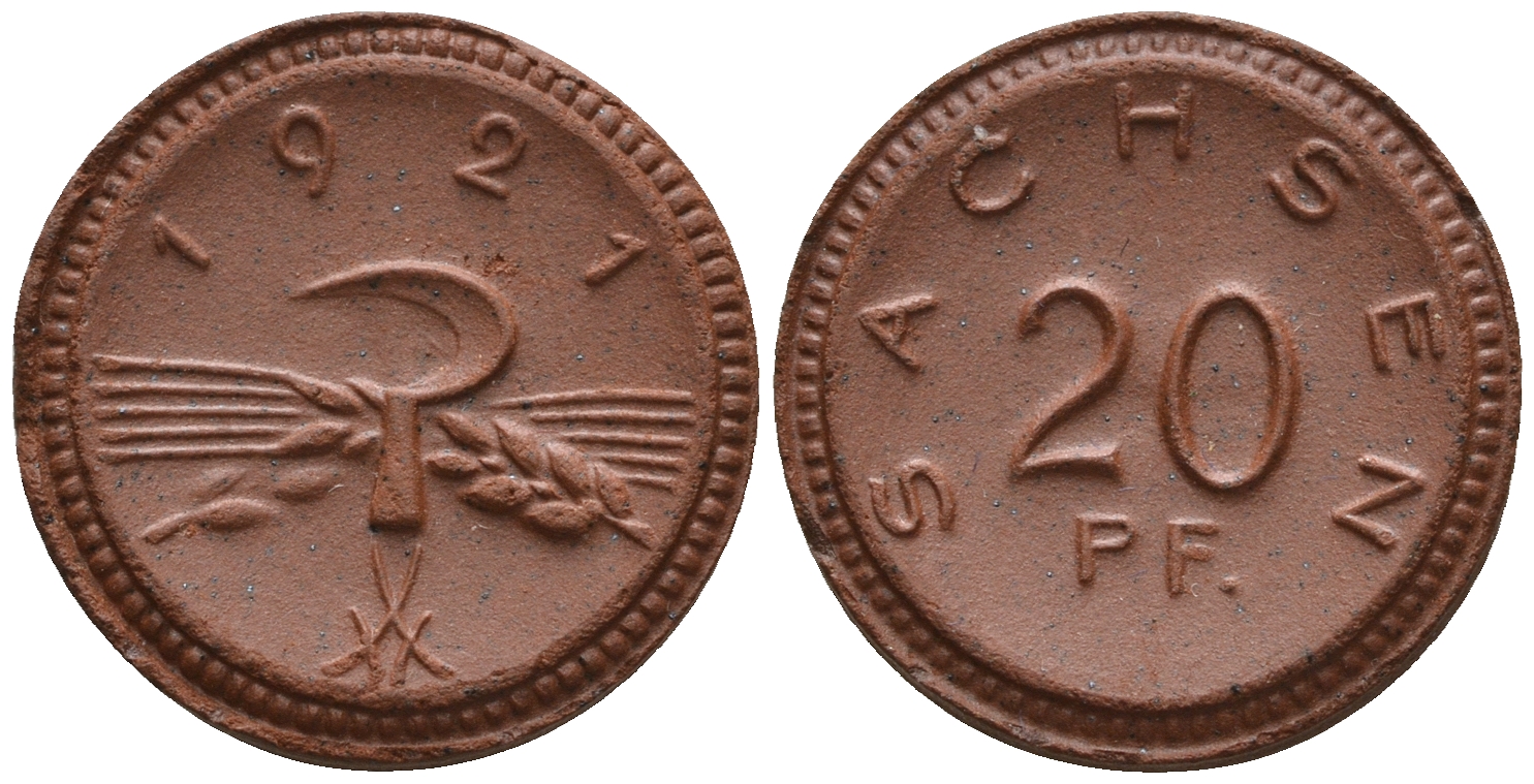 Саксония 20 пфеннигов 1921 колосья и серп J. N 53 фарфор UNC 1094-8-84