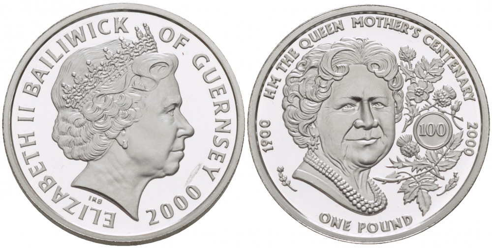 Гернси 1 фунт 2000 100 лет Елизавете, королеве матери KM 99 серебро PROOF 650-1111