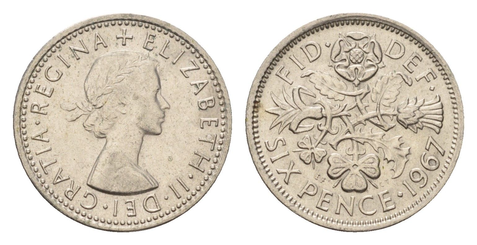 Великобритания 6 пенсов 1967 Елизавета II (1952-2022) KM 903, Spink 4149 медно-никель 192-965