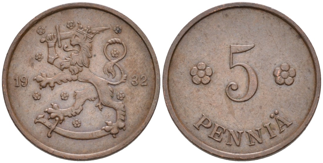 ФИНЛЯНДИЯ 5 ПЕННИ 1932 KM 22 медь 192-1248