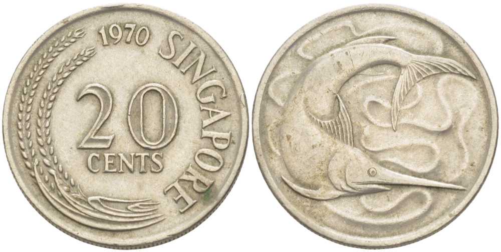 СИНГАПУР 20 ЦЕНТОВ 1970 ГОЛУБОЙ МАРЛИН, ТУНЕЦ KM 4 медно-никель 4380-953