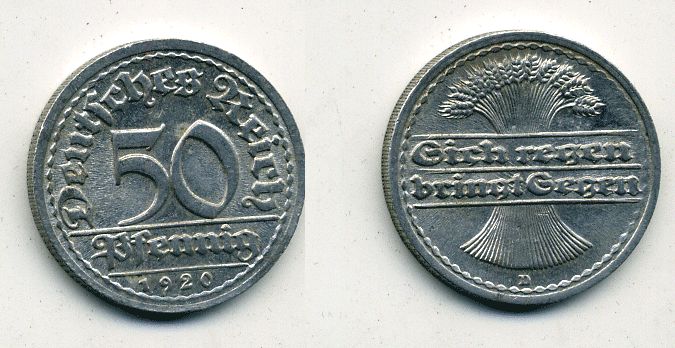 ГЕРМАНИЯ 50 ПФЕННИГОВ 1920 D KM 27, J. 301 алюминий 41-711