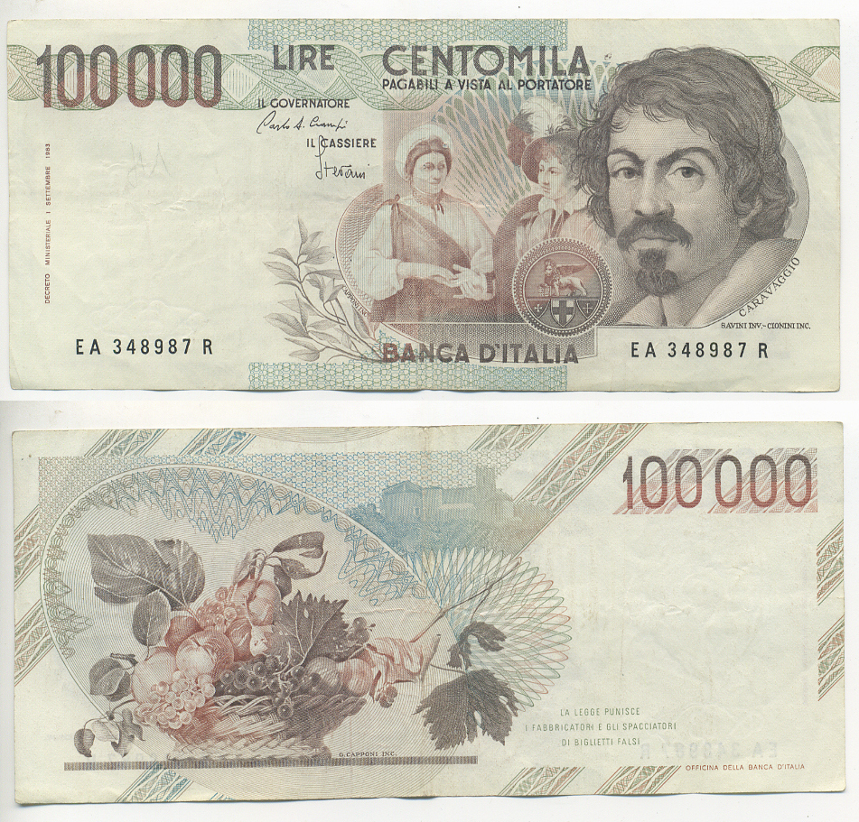 Италия 100000 лир 1983 Караваджо, фруктовый букет, подпись Speziali Pick 110b бумага 7220-31-3