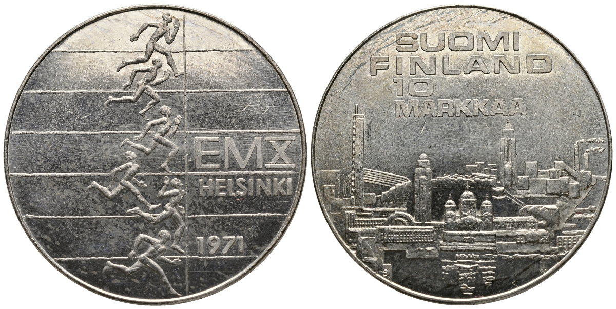 Финляндия 10 марок 1971 S-H, X Чемпионат Европы по легкой атлетике KM 52 серебро 1525-1011