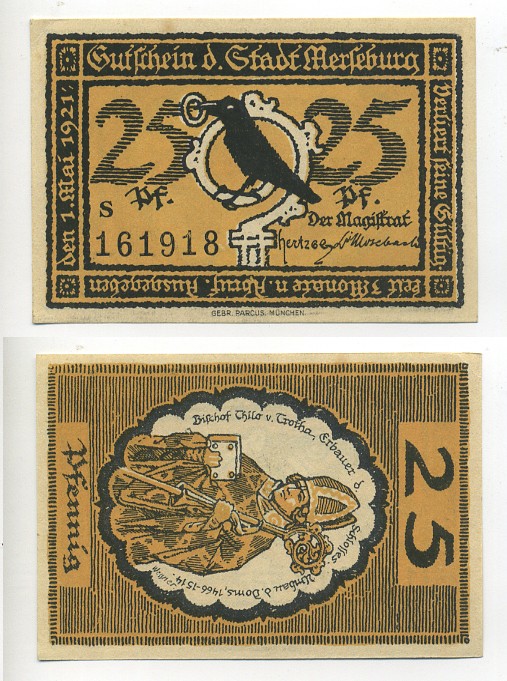 МЕРЗЕБУРГ 25 ПФЕННИГОВ 1921 НОТГЕЛЬД, 1 МАЯ 1921, ЗЕМЛЯ САКСОНИЯ-АНХАЛЬТ, БУКВА S, ЖЁЛТАЯ Grabowski 884.1 бумага 7217-53-8