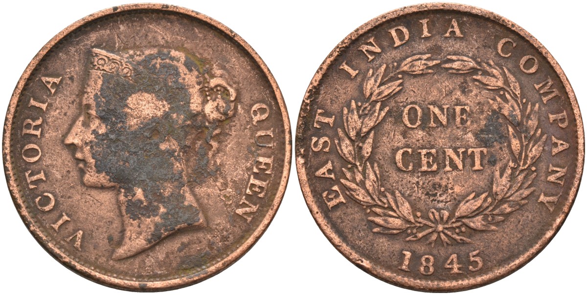 Стрейтс-Сетлментс 1 цент 1845 Виктория (1837-1901), Ост-Индская компания KM 3 медь 4590-134