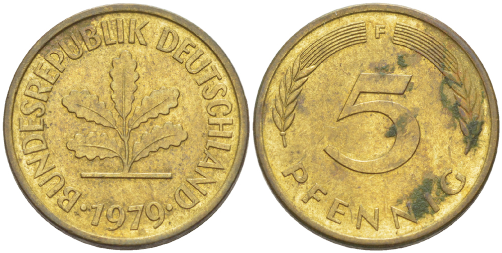ФРГ 5 ПФЕННИГОВ 1979 F KM 107, J. 382 сталь плакированная латунью 4181-962