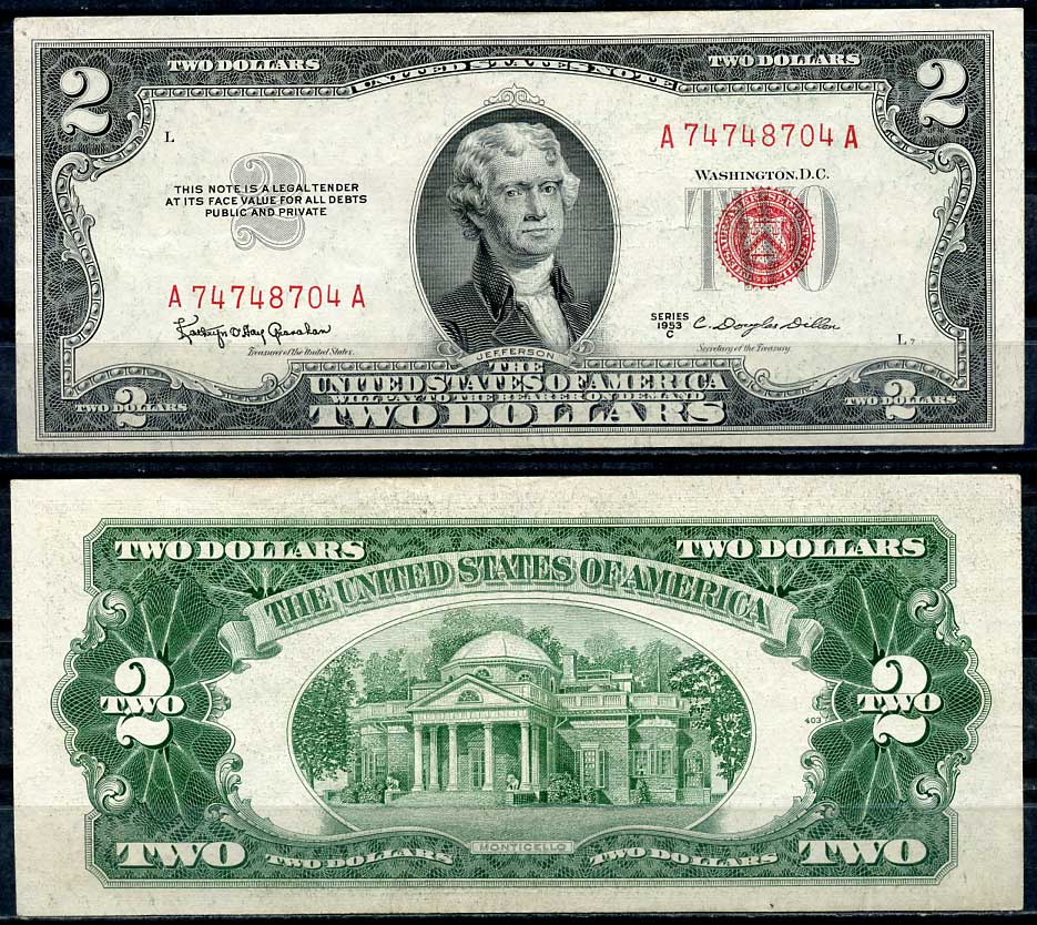США 2 доллара 1953 Томас Джефферсон, Монтичелло, Granahan, Dillon Pick 380 с  бумага  00-00