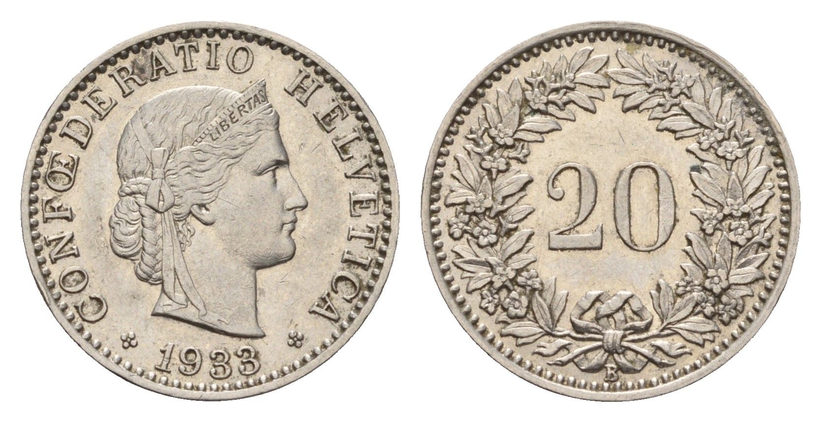 Швейцария 20 раппенов 1933 B KM 29 никель 4124-441