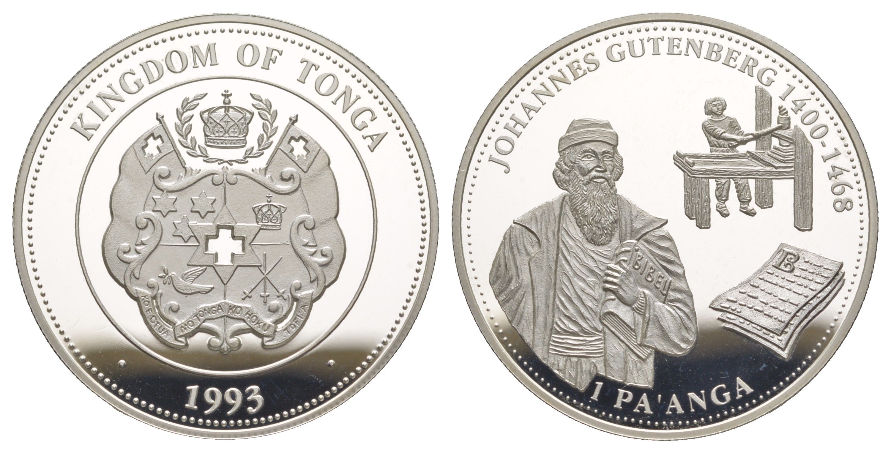 Тонга 1 паанга 1993 Иоганн Гутенберг KM 152 серебро PROOF 1091-7-32