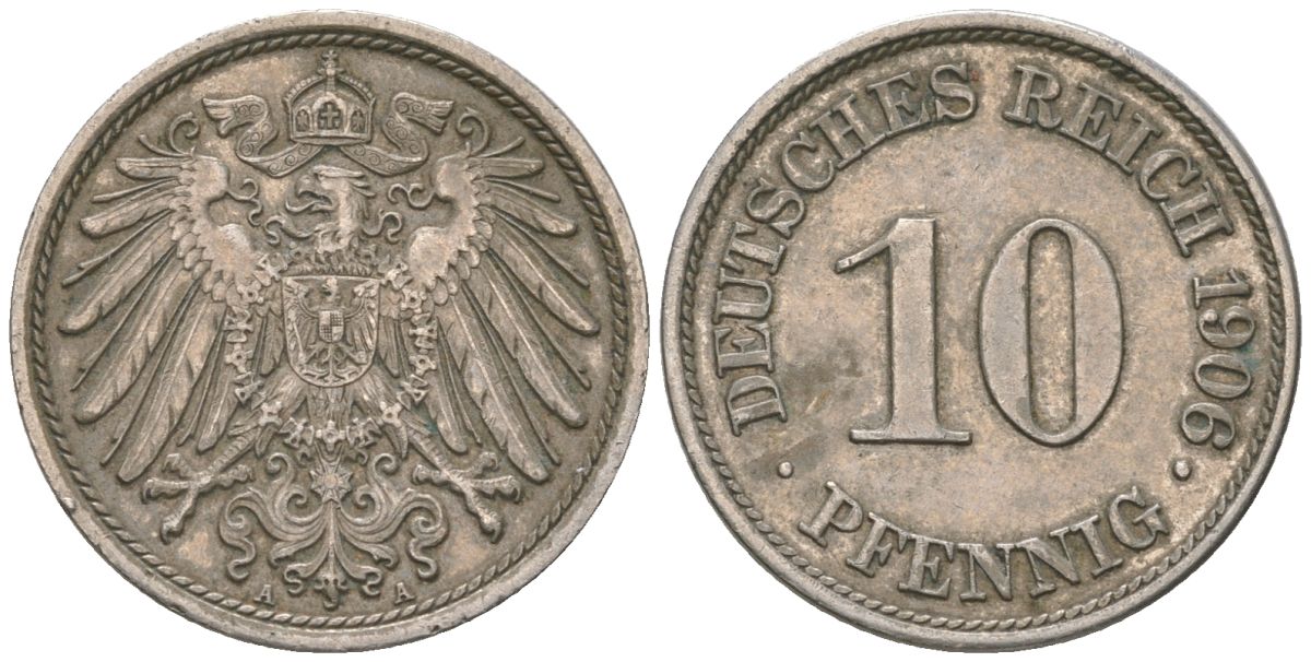 Германия 10 пфеннигов 1906 A, Вильгельм II (1888-1918) KM 12, J. 10 медно-никель 4561-832
