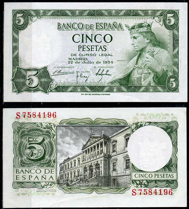 Испания 5 песет 1954 Альфонсо X, король Кастилии и Леона, дворец библиотек и музеев, Мадрид Pick 146 a  бумага  aUNC 8614-37-2-1
