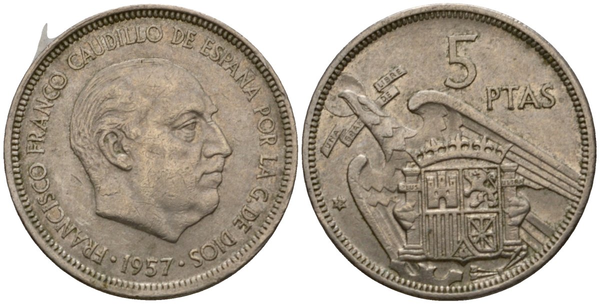 Испания 5 песет 1957 (73) Франсиско Франко (1939-1975) KM 786 медно-никель 186-732
