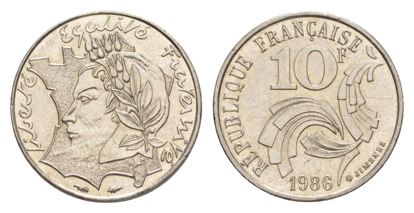 Франция 10 франков 1986 Свобода, Равенство, Братство KM 959 никель UNC 4636-257