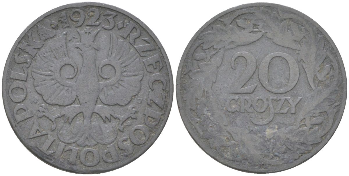 Польша 20 грошей 1923 w, Германская оккупация, вторая мировая война KM 37, Parchimowicz 11 цинк 4613-847
