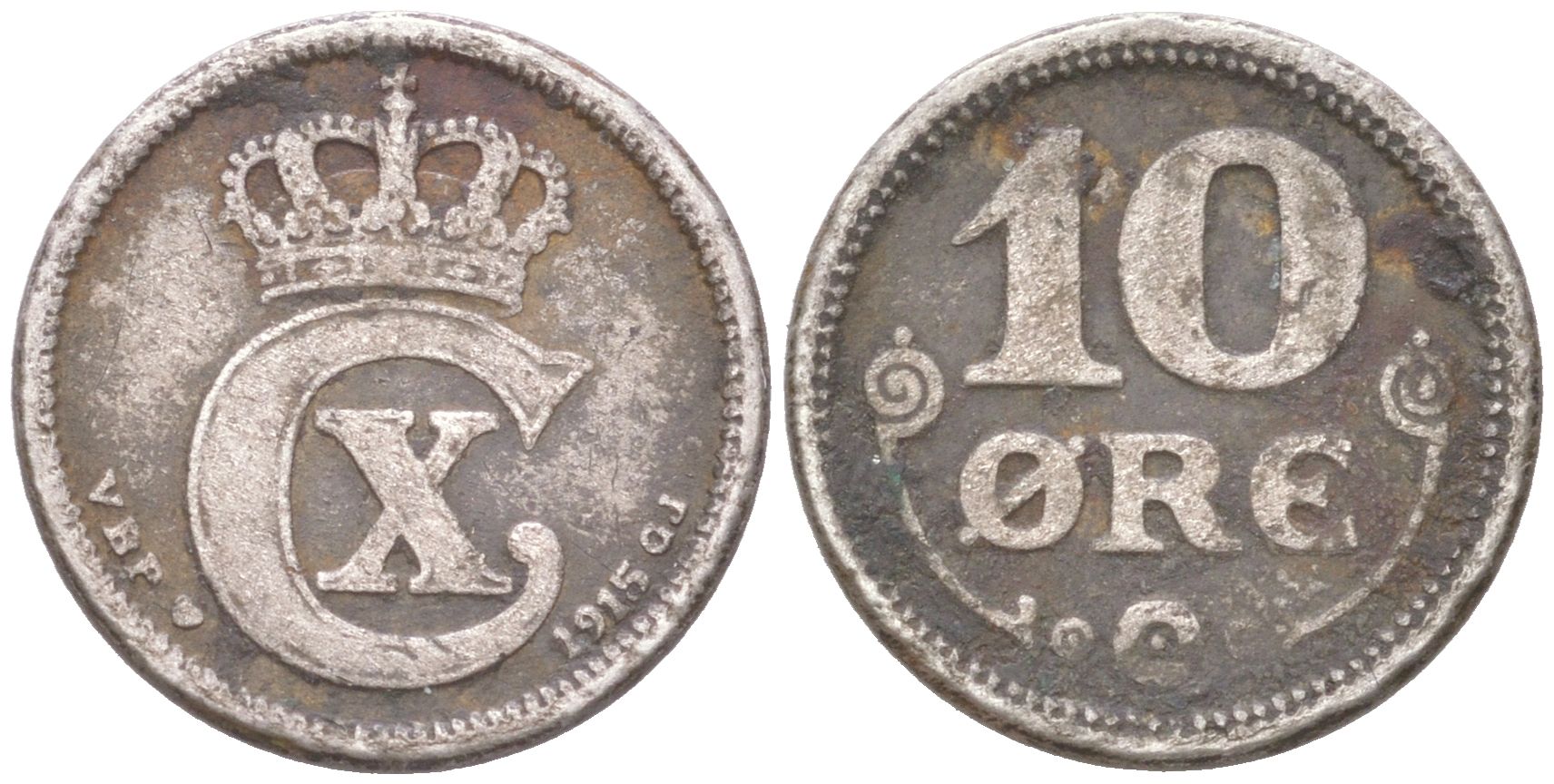 Дания 10 эре 1915 Кристиан X (1912-1947) KM 818 серебро 4621-1021