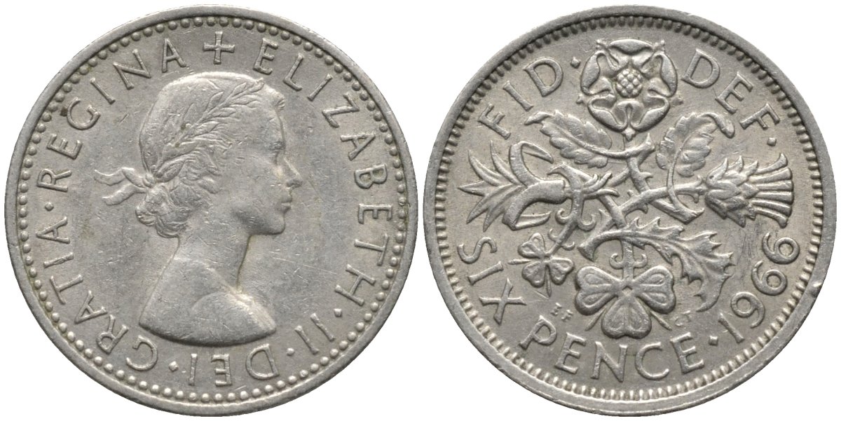 Великобритания 6 пенсов 1966 Елизавета II (1952-2022) KM 903, Spink 4149 медно-никель 4567-721