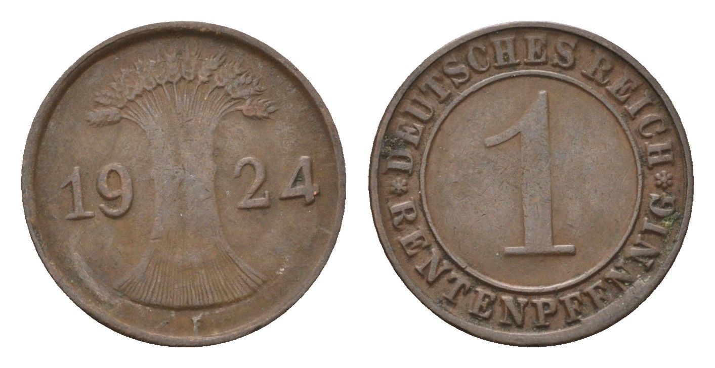 Германия 1 рентенпфенниг 1924 F KM 30, J. 306 бронза 4696-566