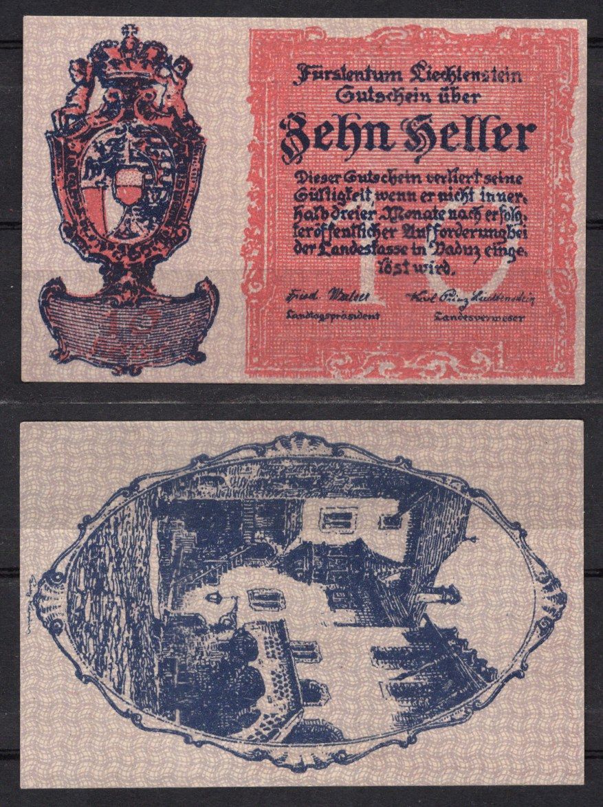 Лихтенштейн 10 хеллеров ND (1920) Государственный герб Pick 1 бумага UNC 7556-42-4-1