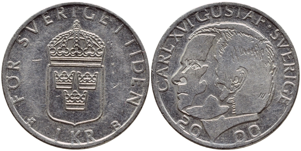 Швеция 1 крона 2000 Карл XVI Густав (1973- ) KM 852а медно-никель 4364-2345