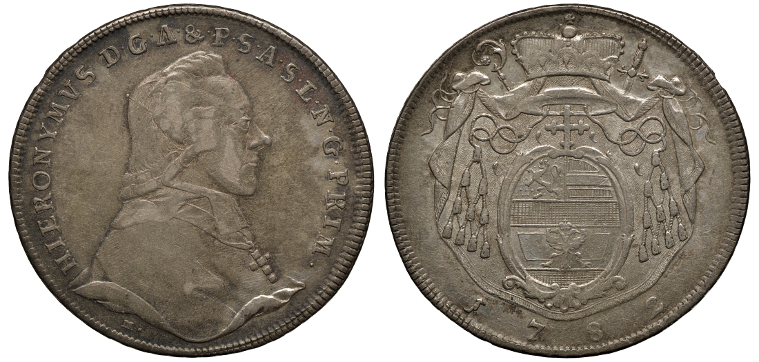 Австрия, Зальцбург 1 талер 1782 M, Иероним Йосеф (1772-1812) KM 435, Dav. 1263 серебро 00-816-28