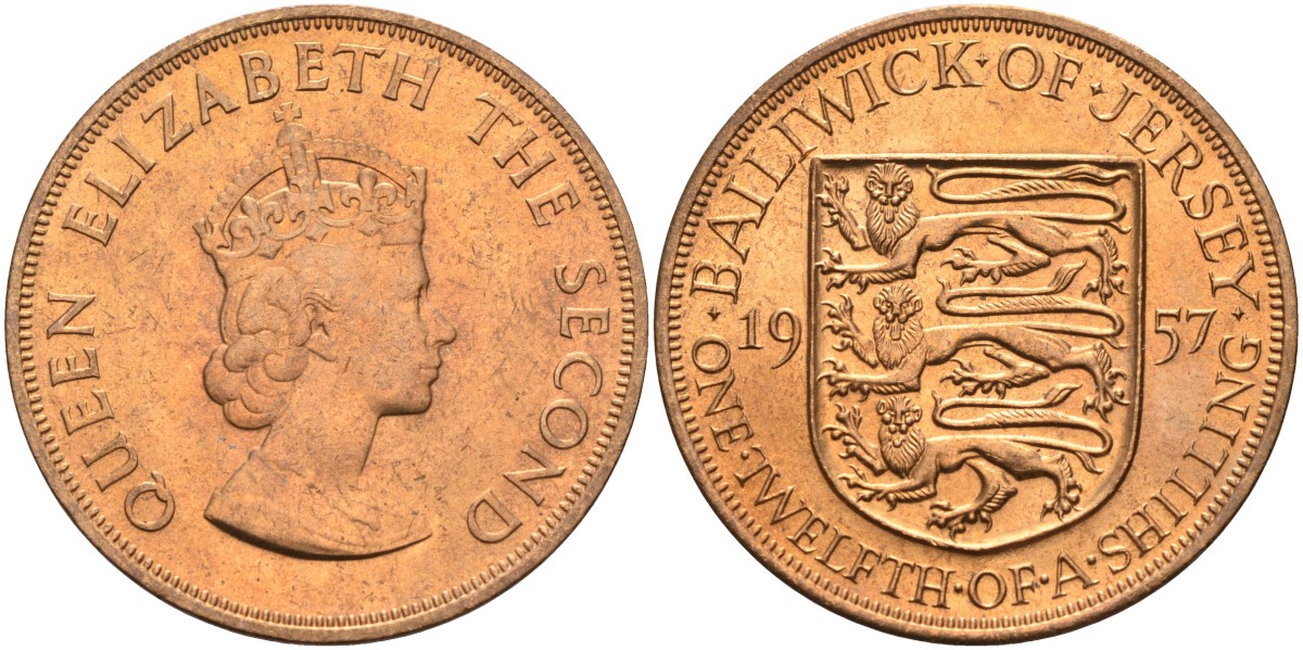 Джерси 1/12 шиллинга 1957 Елизавета II (1952-2022) KM 21 бронза aUNC 4367-332