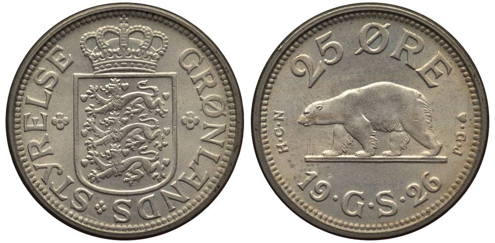 Гренландия 25 эре 1926 NCN; CJ, медведь, датская колония, Кристиан X (1912-1947) KM 5 медно-никель 186-1053