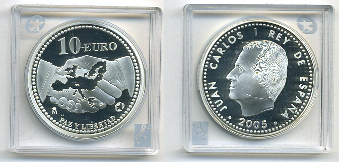 Испания 10 евро 2005 M, 60 лет миру и свободе в Европе KM 1065 серебро PROOF 04-102-21